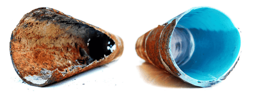 An image showing a rusted pipe and after pipelining repair service in Jacksonville, FL